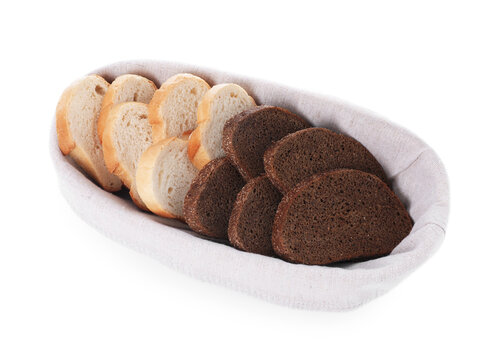 Different types of bread in basket isolated on white, above view