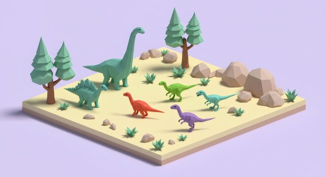 Colorful low poly 3d dinosaurs on isometric prehistoric landscape with trees and rocks. Brachiosaurus, stegosaurus and velociraptor in cartoon