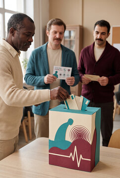 Black man donating to Movember donation box with two men watching  