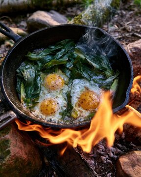 Frying freshly foraged ramps (wild leeks) and eggs, spring forest camping