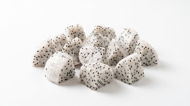 A fluffy and adorable group of bichon frise puppies playfully tumble and interact with each other on a white background