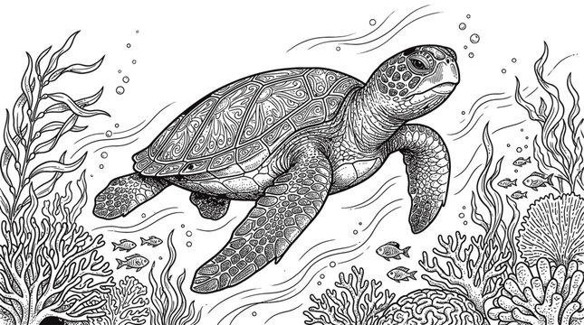 A detailed black and white line art drawing of a sea turtle swimming among coral reefs and seaweed in the ocean