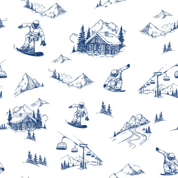 Snowboard, ski resort, seamless pattern, mountains, ski slope, vector sketch