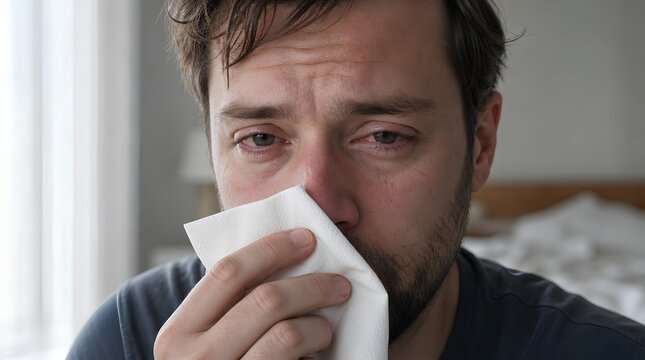 Close-up portrait of a sick bearded man with reddened watery eyes and a flushed pink nose blowing his nose into a white paper napkin at home, conveying illness and fatigue