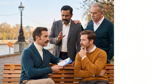 Four men discussing on a park bench in autumn attire  