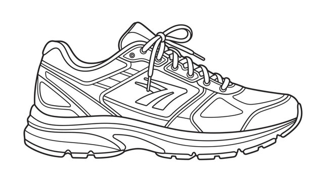 Black and white line art drawing of a modern running shoe sneaker for sports fitness activity and casual lifestyle