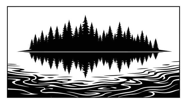 Black and white silhouette of a pine forest reflected in calm rippling water at night with a simple artistic style