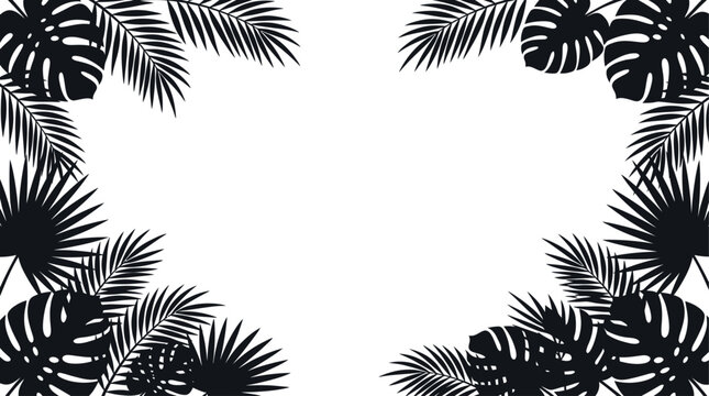 Black tropical palm leaves frame design with exotic monstera foliage for summer decoration and botanical borders