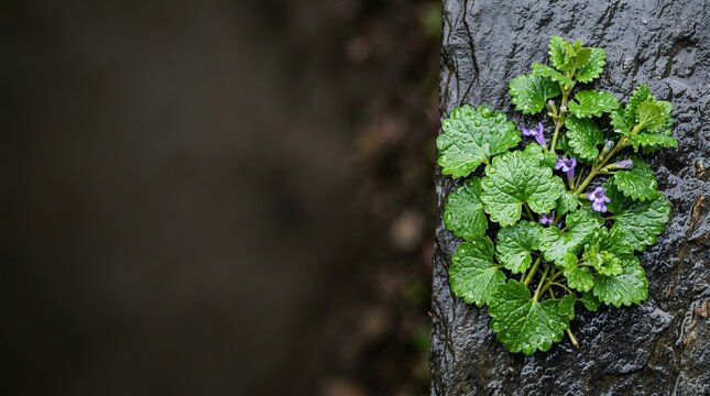 Small Wild Creeping Charlie Ground Ivy Leaves Resting On A Wet Dark Slate Rock With Shallow Focus