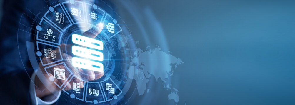 Server control. Technician hand touch virtual dashboard screen analyzing Hosting cloud server status and network storage database chart. Web protection, innovation and futuristic digital interface.