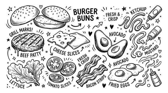 Hand drawn doodle set of burger ingredients with buns beef patty cheese bacon avocado tomato lettuce and fried eggs
