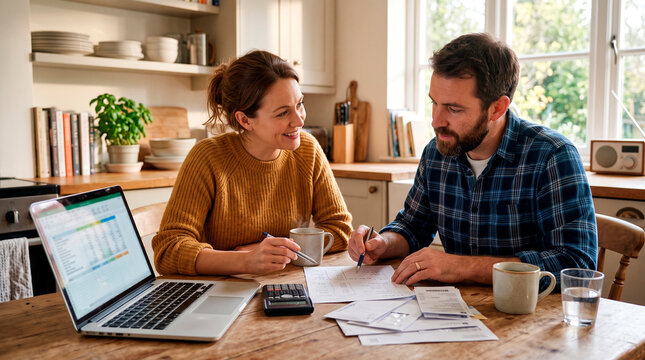 Young couple discussing household finances at home with laptop and documents