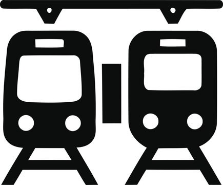 Two subway trains facing each other on tracks with overhead power line