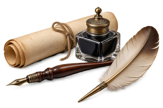 Antique writing set with quill pen, inkwell, and scroll , Transparent Background, AI generative