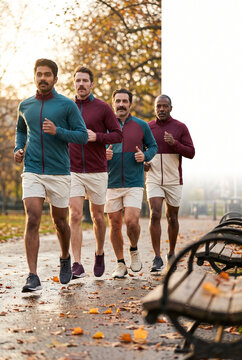 Men participating in a charity run through a park in autumn  