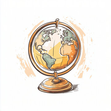 Illustration of a vintage globe on a wooden stand with a watercolor splash background