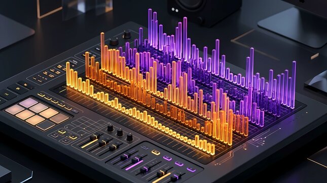 Digital audio workstation mixer featuring glowing 3d glass equalizer sound wave bars