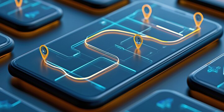 displayed on multiple smartphones with glowing route lines and location pins in blue lighting for technology marketing.