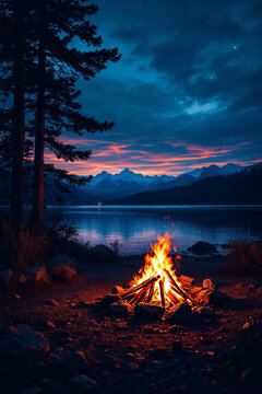 Campfire burning on a lakeshore at night with mountains and a colorful sunset sky