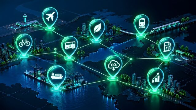 Global sustainable transportation network concept with glowing green eco-friendly mobility icons, CO2 reduction strategy, and smart city infrastructure map.