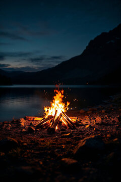 Small campfire burning on a rocky lakeshore at night