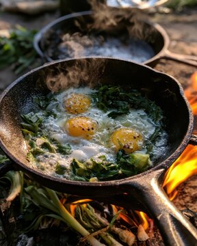 Frying freshly foraged ramps (wild leeks) and eggs, spring forest camping
