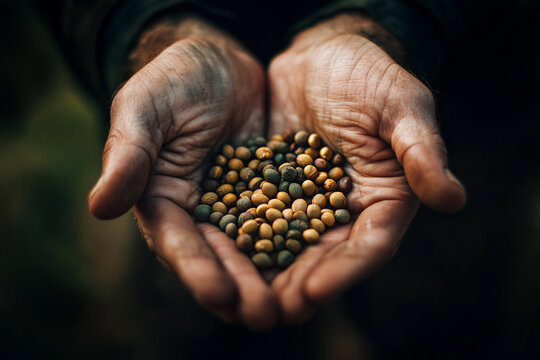 Weathered hands cupping a handful of small seeds