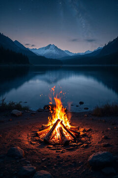 Campfire burning on a lakeshore at night with mountains and a starry sky