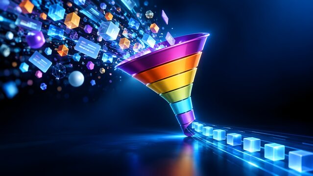 Colorful 3D marketing funnel converting chaotic digital data blocks into an organized stream of glowing cubes representing business process optimization.