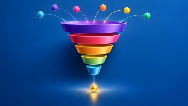 Minimalist 3D colorful sales funnel graphic with floating spheres and rings representing marketing stages and customer lead conversion on blue background.