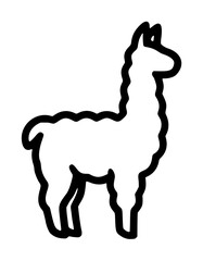 Fototapeta premium Hand-drawn llama silhouette vector icon with bold black outline, simple flat illustration of cute alpaca animal, minimal sketch style, white background, perfect for logos and web design
