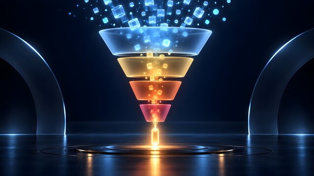 3D glowing marketing funnel filtering digital data blocks into a single golden light representing business conversion, lead generation, and optimization.