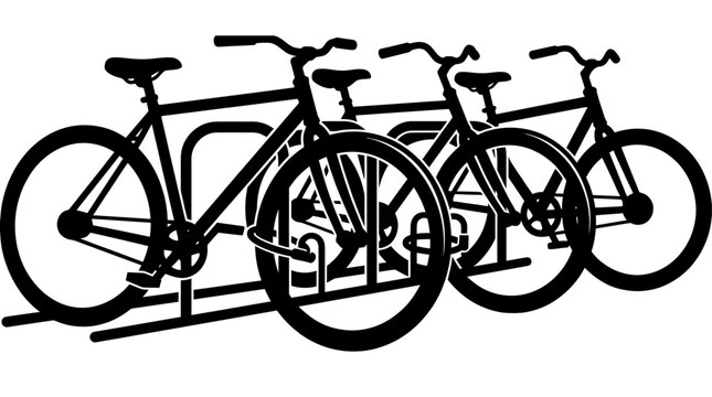 Black silhouette of three bicycles parked on a metal rack representing urban mobility and sustainable city transport