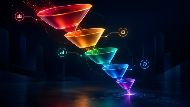 Dynamic 3D glowing sales funnel infographic processing digital light particles with marketing icons, representing business conversion strategy and data analytics optimization.