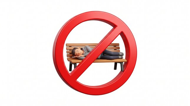 Prohibition Sign Featuring A Person Sleeping On A Park Bench Representing No Loitering Or Homelessness Restrictions In Public Spaces