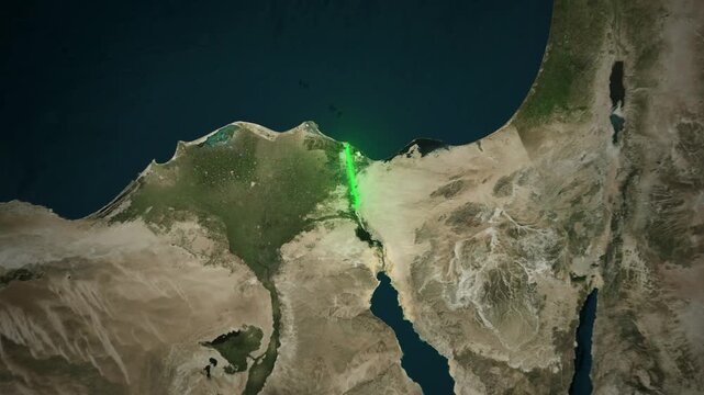 Global trade route animation showing a green-highlighted path along the Suez Canal in Egypt