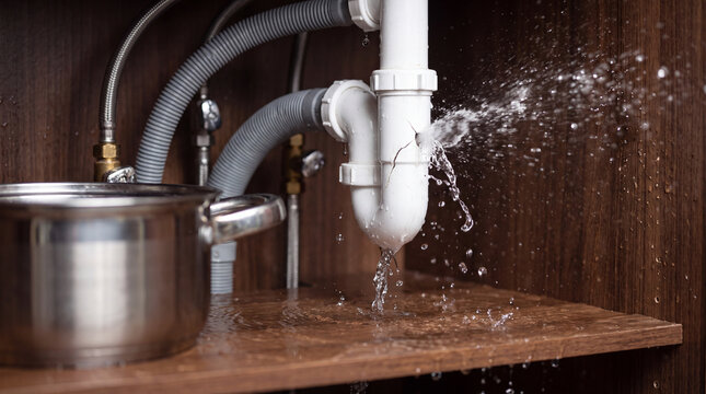 Water leaks from plumbing under a kitchen sink and creates a pool of water on the cabinet floor