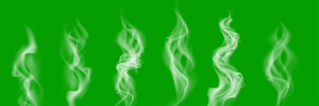 Realistic steam or smoke on green screen background, hot tea or coffee vapor