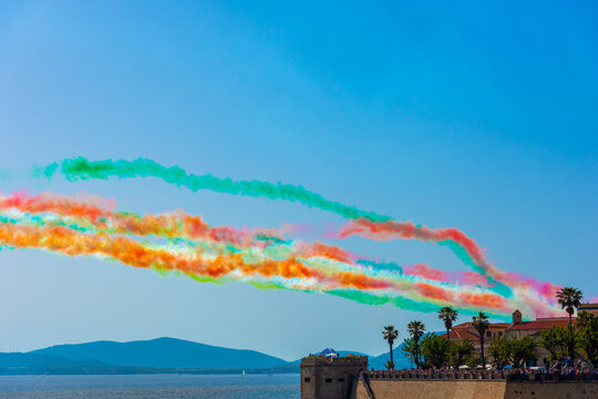 Frecce Tricolori smoke trails over Alghero in Sardinia