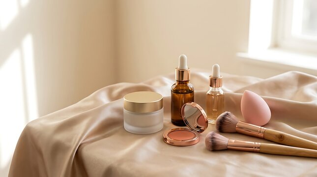 Beauty skin care products and makeup brushes on a soft beige satin fabric cloth. beauty kit deals
