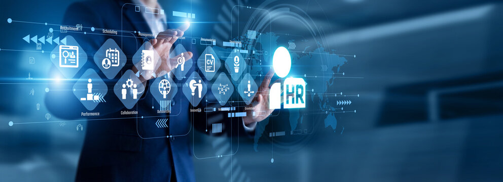 HR manager touch virtual screen reviewing employee performance metrics and recruitment pipeline progress charts. Corporate staffing strategy utilizing Human Resources for talent management.