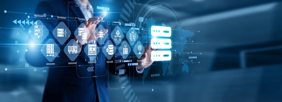 Network admin touch virtual screen monitoring cloud server stability and website traffic bandwidth levels. Robust infrastructure service using reliable Hosting for web operations.