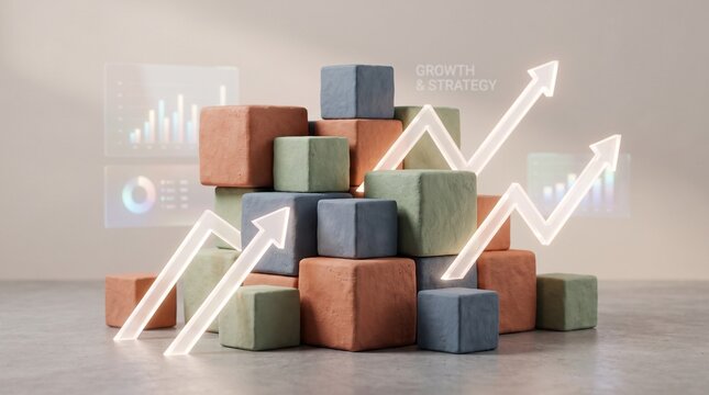 Stacked geometric blocks representing business growth and strategy with holographic financial data charts.