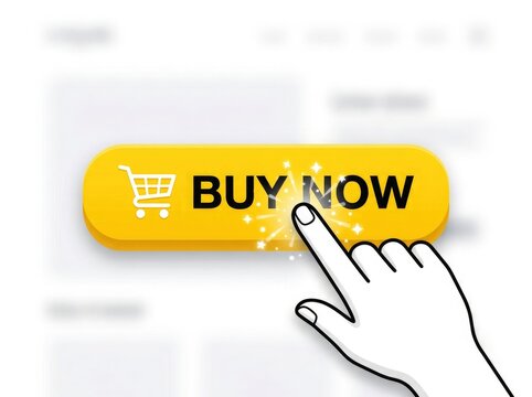 Hand clicking a bright yellow buy now button on a white web page for online shopping