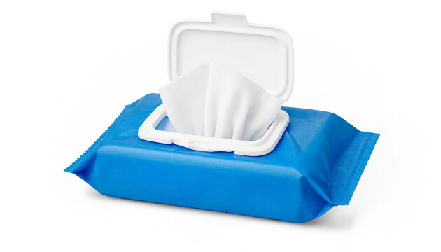 Open blue pack of wet wipes isolated on a white background for hygiene.