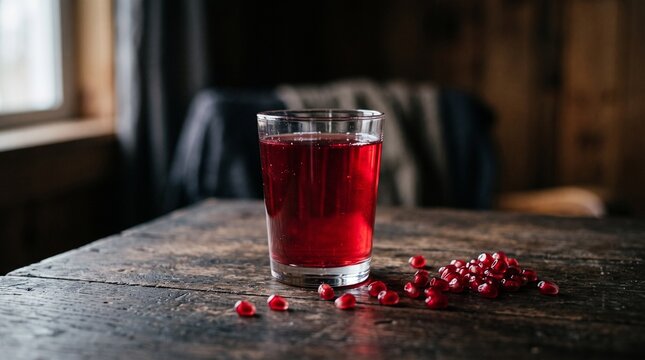 A glass of fresh pomegranate juice served on a rustic wooden table with scattered arils