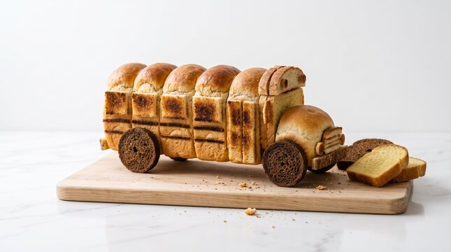 A novelty bread creation shaped like a school bus, complete with toasted bread loaf slices and round cookie wheels, sits on a wooden cutting board next to a few extra slices of bread.