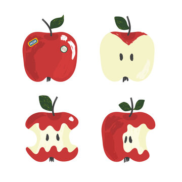 Red apple set with whole fruit halves cores and bites in hand drawn vector style