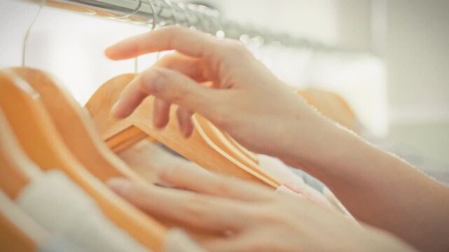 A girl's hands carefully go through garments on wooden hangers on a gleaming metal rack backlit by bright sunlight. Concept of seasonal sales and smart shopping in a retail store