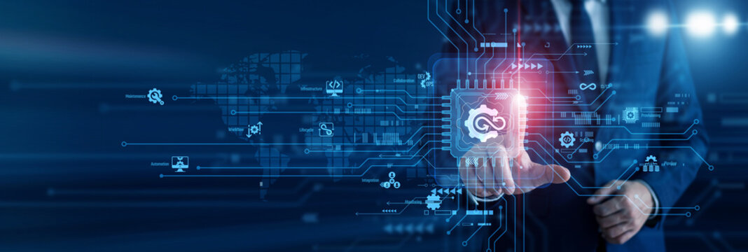 Systems engineer touch of smart DevOps circuit board and deploying continuous software updates on a luminous interactive hologram. Streamlining rapid tech development lifecycles today.